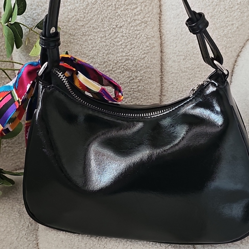 Black Studded Glam Shoulder Bag with Colorful Scarf Accent - Picture 9 of 11